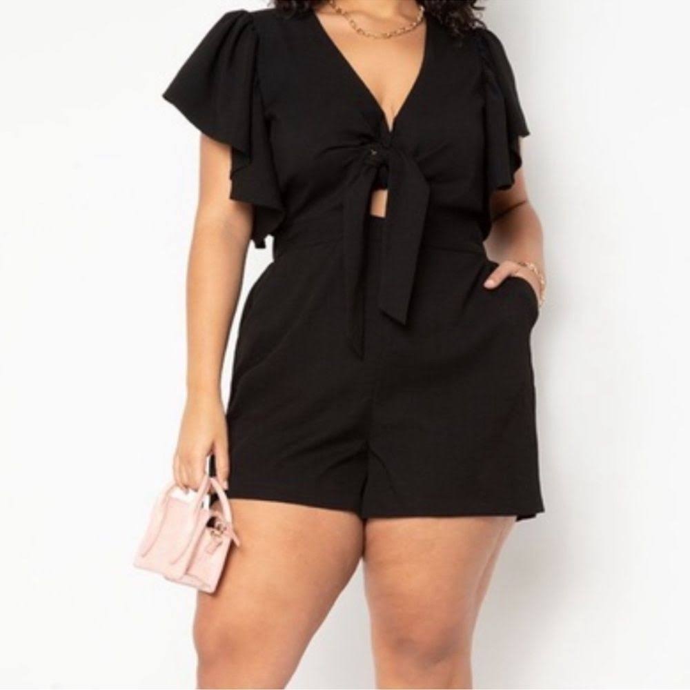 Eloquii Tie Bodice Romper With Flutter Sleeves - Black